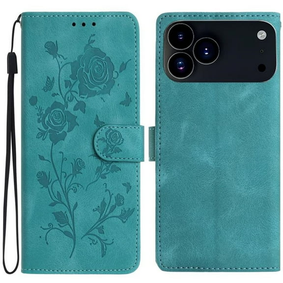 For IPhone 17 Pro Max 6.9" Rose Embossed Strong Magnetic Attachment/Closure, Card Slots/Pocket, PU Leather Flip Wallet Case ,Green,For iPhone 17 Pro Max