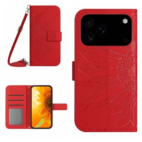For IPhone 17 Pro Max 6.9" Sunflower Embossed Strong Magnetic Attachment/Closure, Card Slots/Pocket, PU Leather Flip Wallet Case With Hanging Rope,Red,For iPhone 17 Pro Max