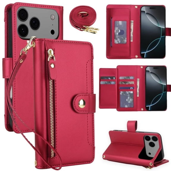 For IPhone 17 Pro Max 6.9-inch RFID Blocking Protective Purse Wallet Case For Women Men Multi-Card Slots Zipper Pocket Detachable Shoulder Strap And Wrist Strap,Shockproof Phone Case,Red