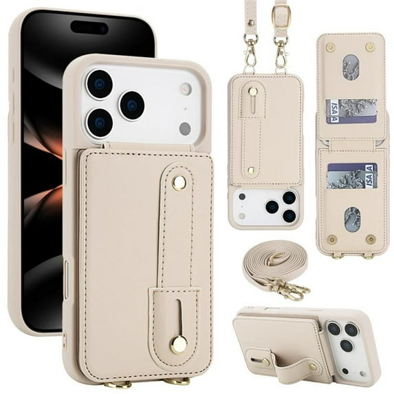 For IPhone 17 Pro Max Case Premium PU Leather Wristband Holder With Multiple-Card Slots, Flip Wallet Phone Case With Detachable Crossbody,White,For iPhone 17 Pro Max