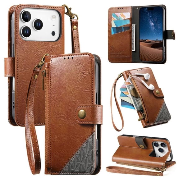 For IPhone 17 Pro Max Wallet For Women Men,Patchwork Style Durable PU Leather Magnetic Flip Lanyard Strap Wristlet Zipper Card Holder Wallet Phone Case