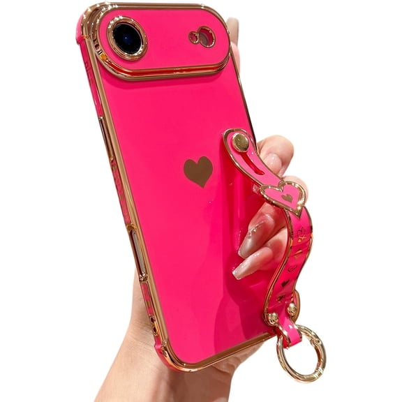 IPhone Air 17 Case with Strap for Women & Girls, Cute Love-Hearts Design, Wristband Kickstand, Plating Edge Protective Case (6.5")