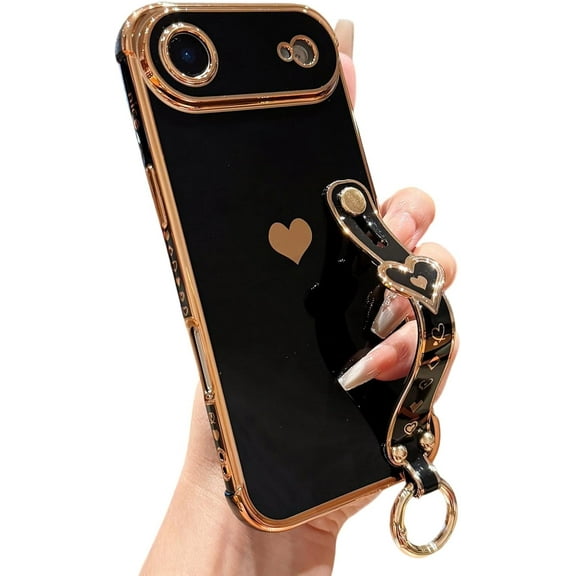 IPhone Air 17 Case with Strap for Women & Girls, Cute Love-Hearts Design, Wristband Kickstand, Plating Edge Protective Case (6.5")
