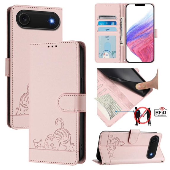 For IPhone Air 6.5" RFID Blocking Protective Purse Case Cat Embossed Strong Magnetic Attachment/Closure, Card Slots/Pocket, PU Leather Flip Wallet Case With Hanging Rope,Pink,For iPhone Air