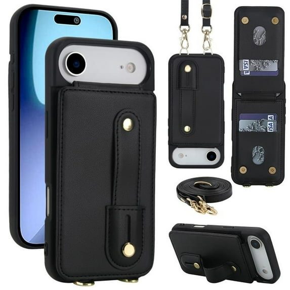 For IPhone Air Case Premium PU Leather Wristband Holder With Multiple-Card Slots, Flip Wallet Phone Case With Detachable Crossbody,black,For iPhone Air