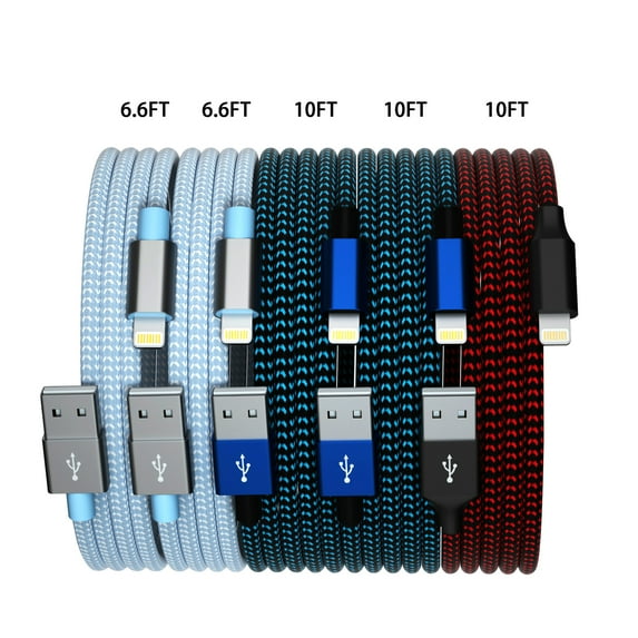 IPhone Charger 5Pack, (6.6/6.6/10/10/10ft) Nylon Braided Charger Cables Fast Charging Cord, Compatible with iPhone 14/13/12/11 Pro Max/XS MAX/XR/XS/X/8/7/Plus iPad