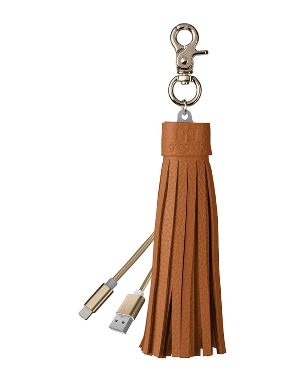 IPhone Lightning Cable Keychain - USB Charging Cord with Genuine Leather Tassel and Keyring - Brown - by Gee Gadgets