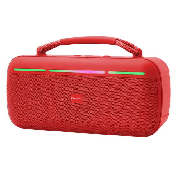 IQ Sound 15-Watt-RMS Halo Glow Portable Bluetooth Rechargeable Speaker with TWS, Lights, USB/microSD Card, FM, up to 20 Hours Play Time (Red)