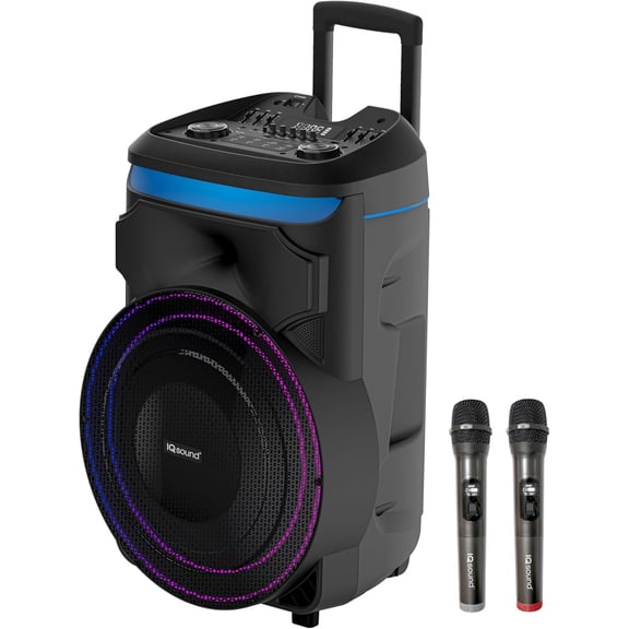 IQ Sound IQ-6018DJBT 18 inch Portable Bluetooth Party Speaker 100W RMS, TWS, LED Lights, Dual Wireless Mics