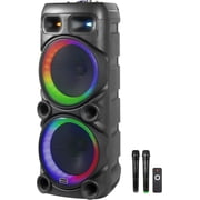 IQ Sound IQ-6512DJBT 2 X 12-inch Portable Bluetooth Speaker, w/TWS, LED Lights, 2 Wireless Mics, Guitar & Mic Inputs, US