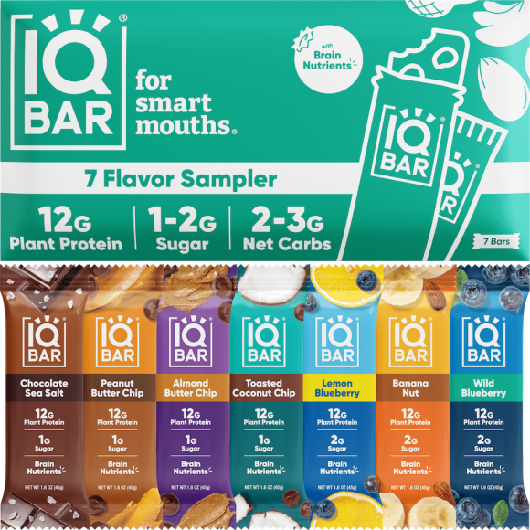 IQBAR Brain and Body Keto Protein Bars - 7 Sampler Keto Bars - Energy Bars - Low Carb Protein Bars - High Fiber Vegan Bars and Low Sugar Meal Replacement Bars - Vegan Snacks