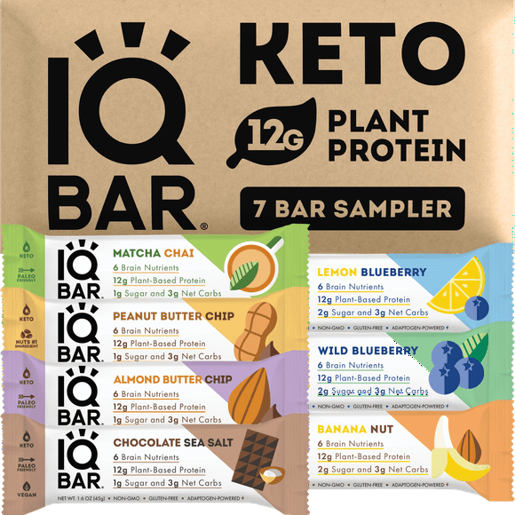 IQBAR Brain and Body Keto Protein Bars - 7 Sampler Keto Bars - Energy Bars - Low Carb Protein Bars - High Fiber Vegan Bars and Low Sugar Meal Replacement Bars - Vegan Snacks