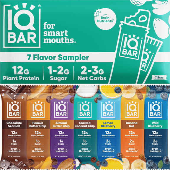 IQBAR Clean Plant Protein Bars - Bar Sampler - 7 Count - Keto, Vegan, High Fiber, Gluten and Dairy Free, Low Sugar Snack