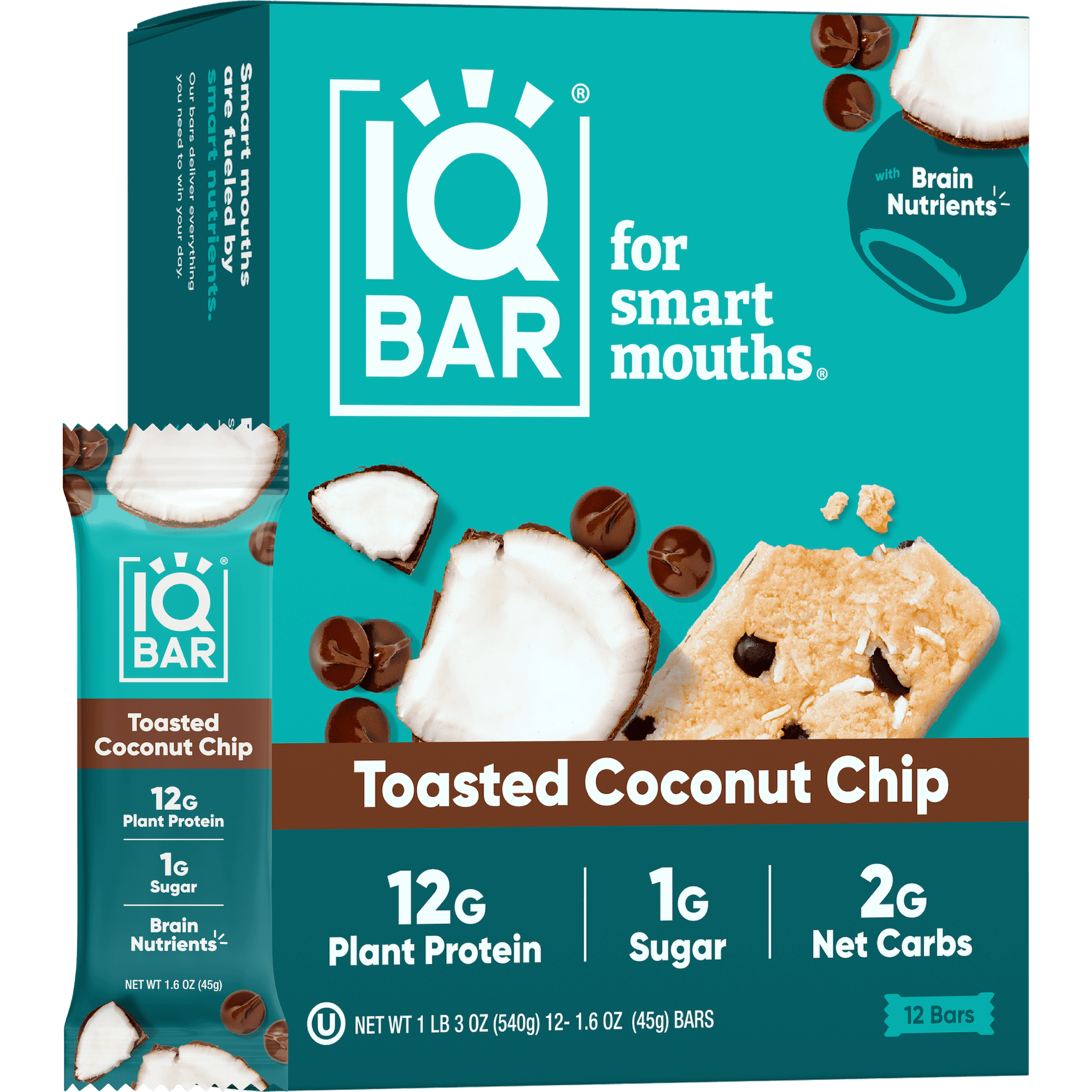 IQBAR Brain and Body Keto Protein Bars - Toasted Coconut Chip Keto Bars - 12-Count Energy Bars - Low Carb Protein Bars - High Fiber Vegan Bars and Low Sugar Meal Replacement Bars - Vegan Snacks