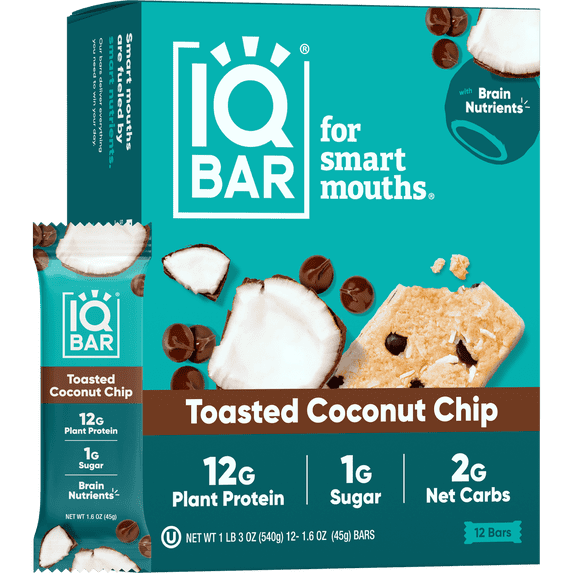 IQBAR Clean Plant Protein Bars - Toasted Coconut Chip - 12 Count - Keto, Vegan, High Fiber, Gluten and Dairy Free, Low Sugar Snack