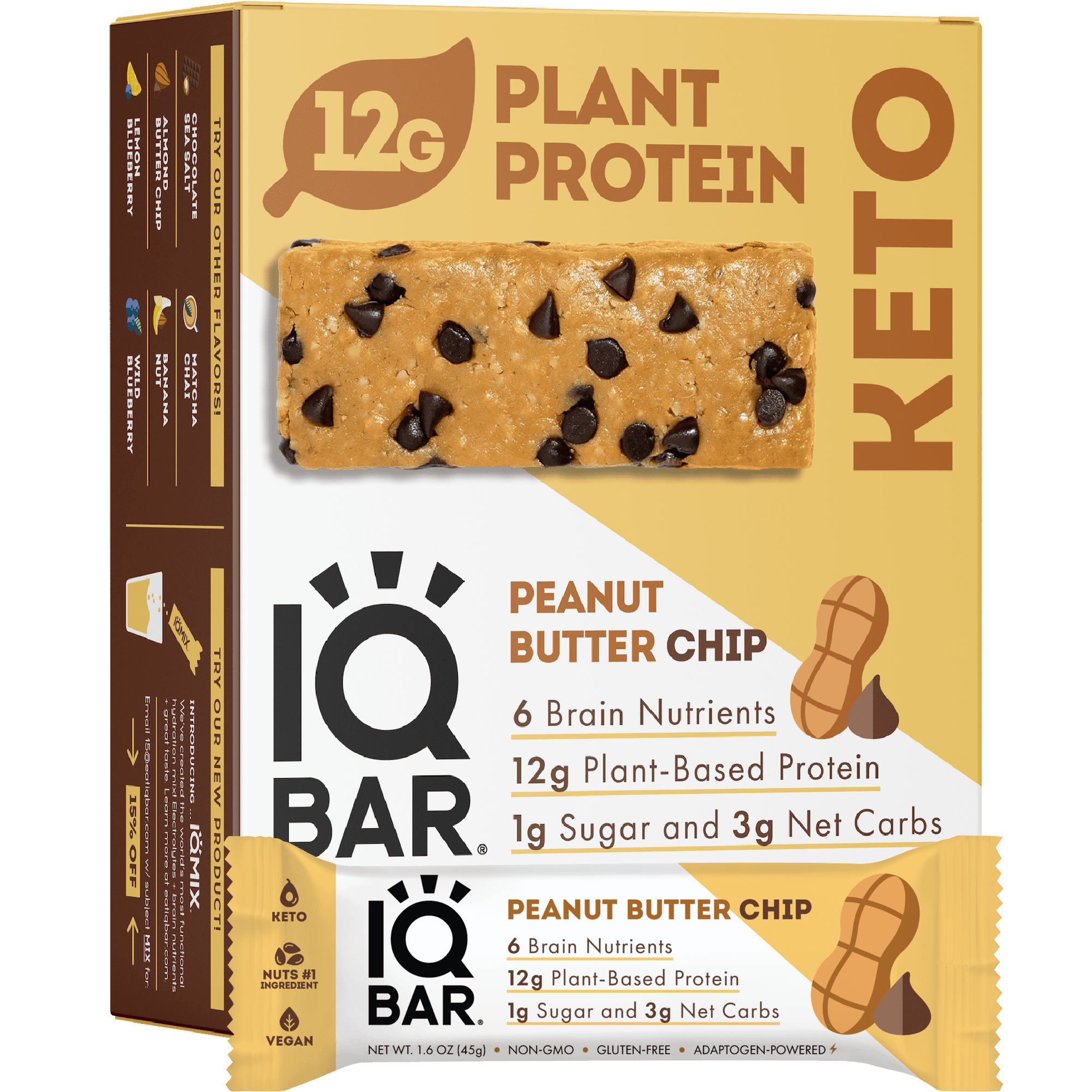 IQBAR Brain & Body Peanut Butter Chip Keto Protein Bars Low Carb, Low