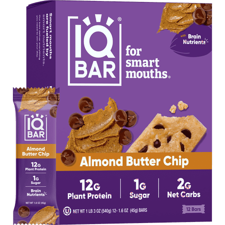 IQBAR Clean Plant Protein Bars - Almond Butter Chip - 12 Count - Keto, Vegan, High Fiber, Gluten and Dairy Free, Low Sugar Snack