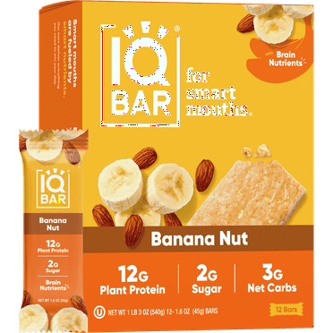 IQBAR Brain and Body Banana Nut Keto Protein Bars - Low Carb, Low Sugar - 12-Count Energy Bars