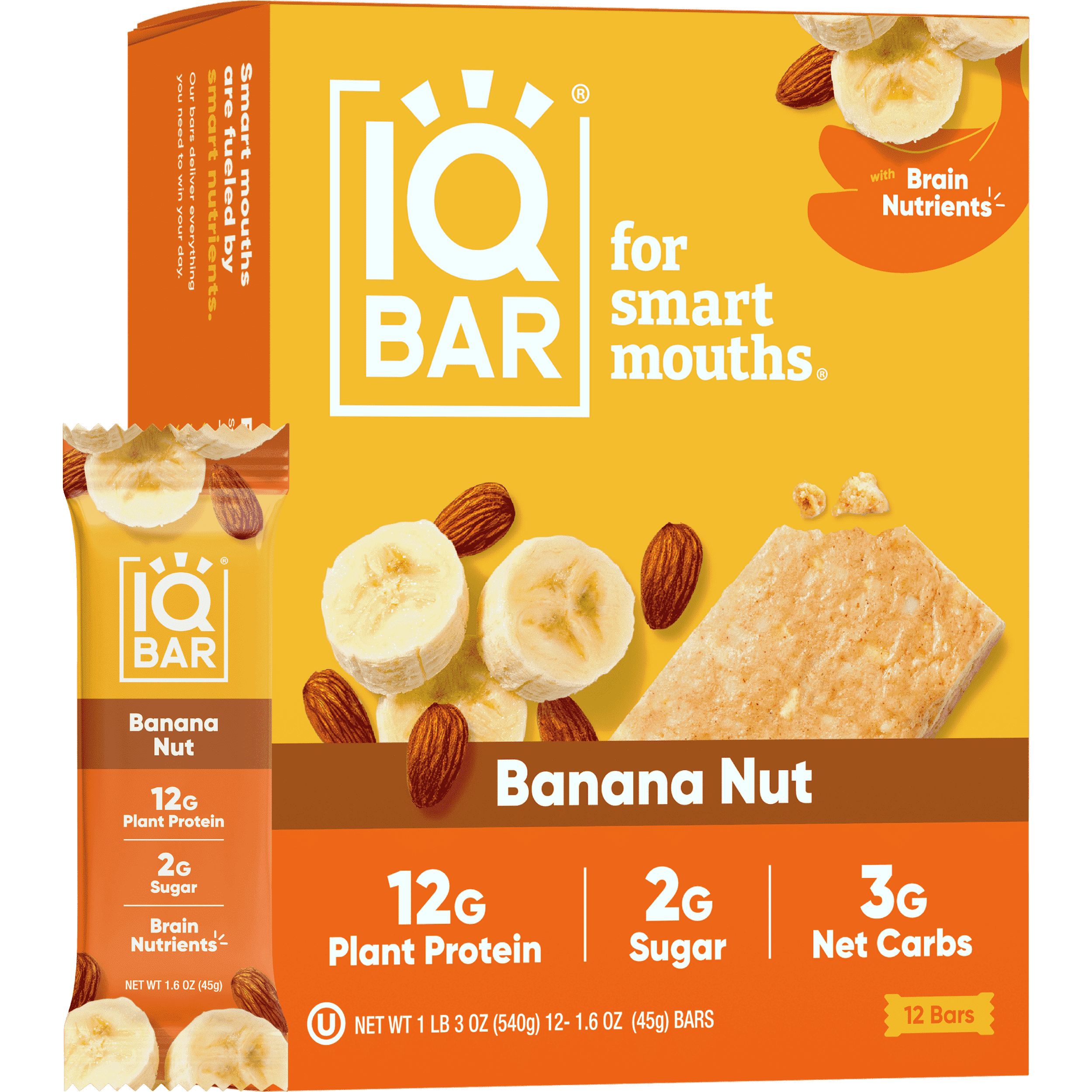 IQBAR Clean Plant Protein Bars - Banana Nut - 12 Count - Keto, Vegan, High Fiber, Gluten and Dairy Free, Low Sugar Snack