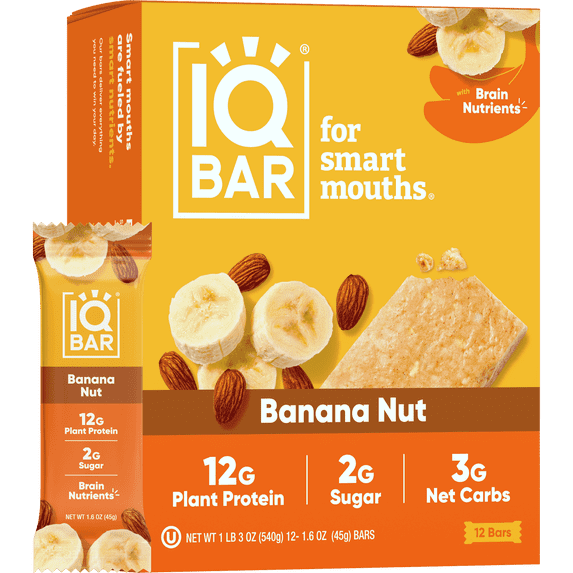 IQBAR Clean Plant Protein Bars - Banana Nut - 12 Count - Keto, Vegan, High Fiber, Gluten and Dairy Free, Low Sugar Snack