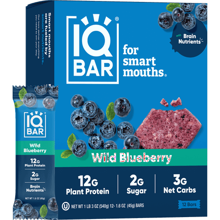 IQBAR Brain and Body Keto Protein Bars - Wild Blueberry - 12-Count Box - Low Carb - High Fiber and Low Sugar Meal Replacement Bars - Vegan Snacks