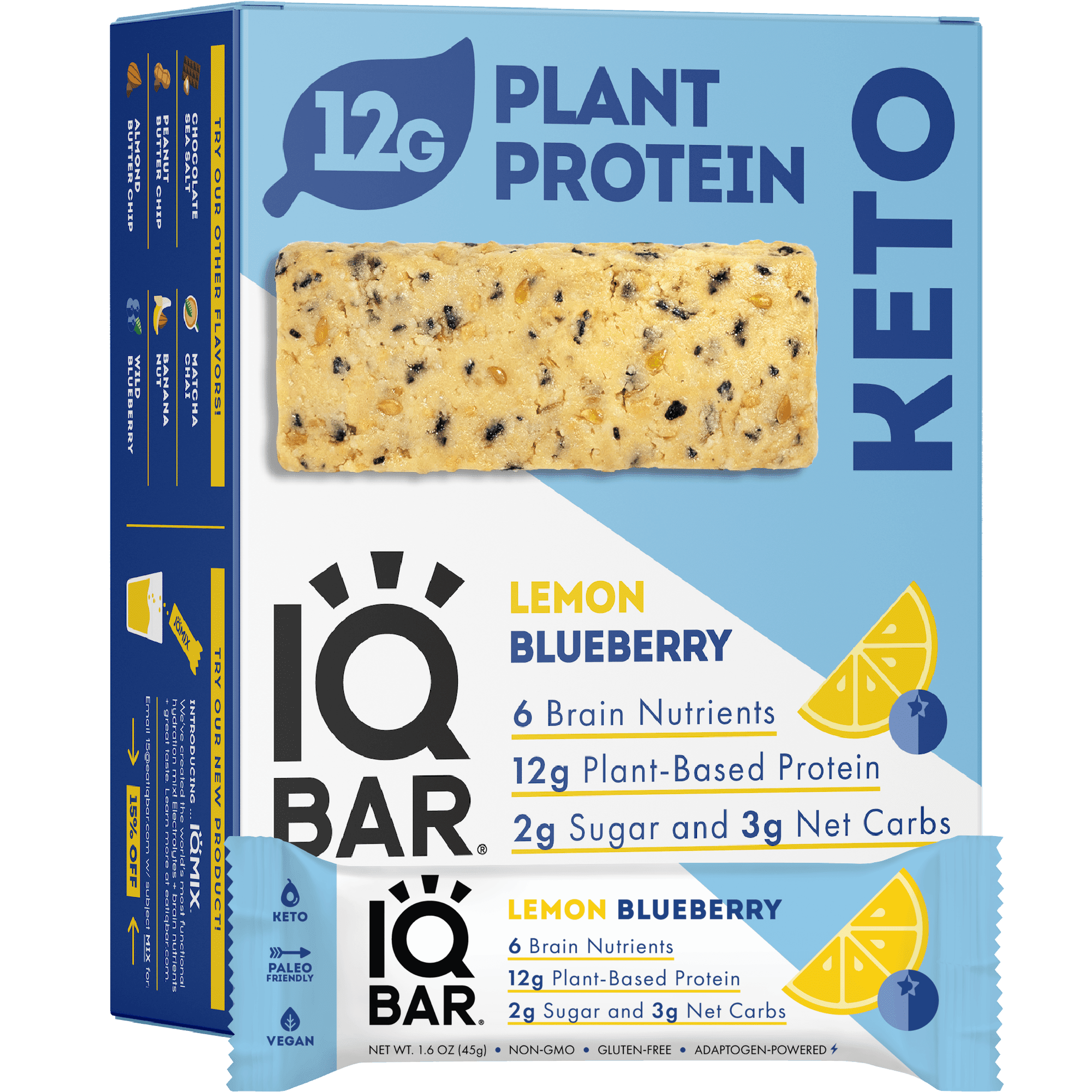 IQBAR Brain and Body Lemon Blueberry Keto Protein Bars Low Carb, Low