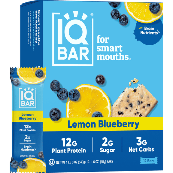 IQBAR Clean Plant Protein Bars - Lemon Blueberry - 12 Count - Keto, Vegan, High Fiber, Gluten and Dairy Free, Low Sugar Snack