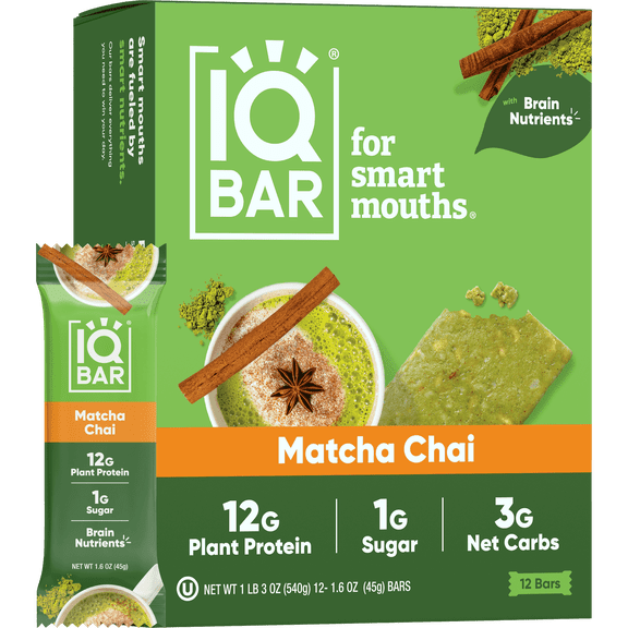 IQBAR Clean Plant Protein Bars - Matcha Chai - 12 Count - Keto, Vegan, High Fiber, Gluten and Dairy Free, Low Sugar Snack
