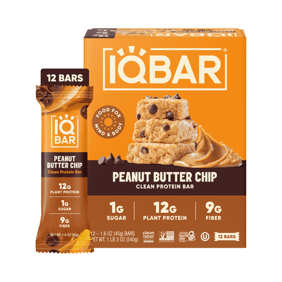 IQBAR Clean Plant Protein Bars - Peanut Butter Chip - 12 Count - Keto, Vegan, High Fiber, Gluten and Dairy Free, Low Sugar Snack