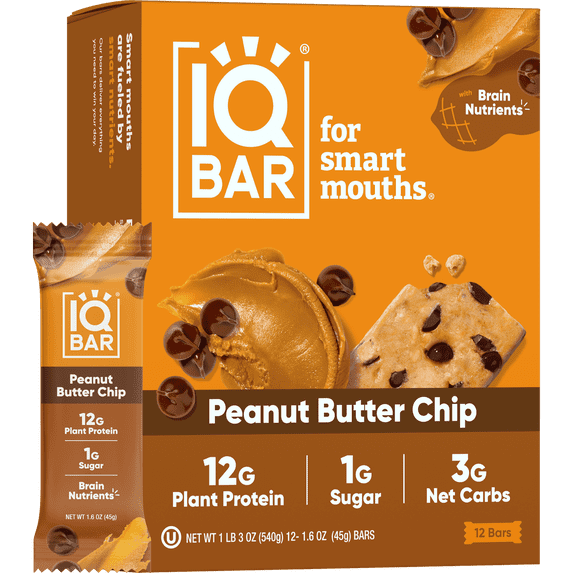 IQBAR Clean Plant Protein Bars - Peanut Butter Chip - 12 Count - Keto, Vegan, High Fiber, Gluten and Dairy Free, Low Sugar Snack