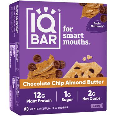 IQBAR Chocolate Chip Almond Butter Protein Bars - Vegan Energy Bars - High-Fiber Vegan Snacks - 4 Count Box