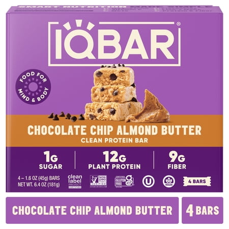 IQBAR Chocolate Chip Almond Butter Protein Bars - Vegan Energy Bars - High-Fiber Vegan Snacks - 4 Count Box