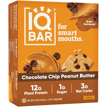 IQBAR Chocolate Chip Peanut Butter Protein Bars - Vegan Energy Bars - High Fiber Vegan Snacks - 4 Count Box