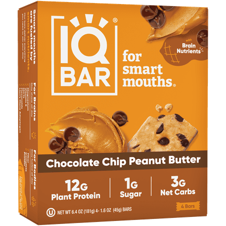IQBAR Chocolate Chip Peanut Butter Protein Bars - Vegan Energy Bars - High Fiber Vegan Snacks - 4 Count Box