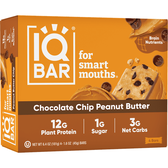 (2 pack) IQBAR Chocolate Chip Peanut Butter Protein Bars - Vegan Energy Bars - High Fiber Vegan Snacks - 4 Count Box