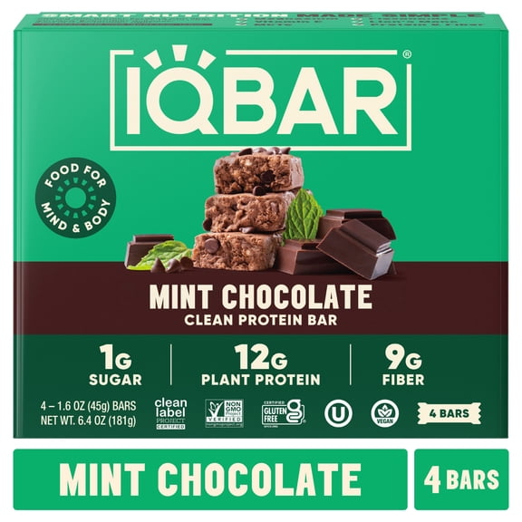 IQBAR Mint Chocolate Protein Bars - Vegan Energy Bars - High Fiber Vegan Snacks - 4 Count Box
