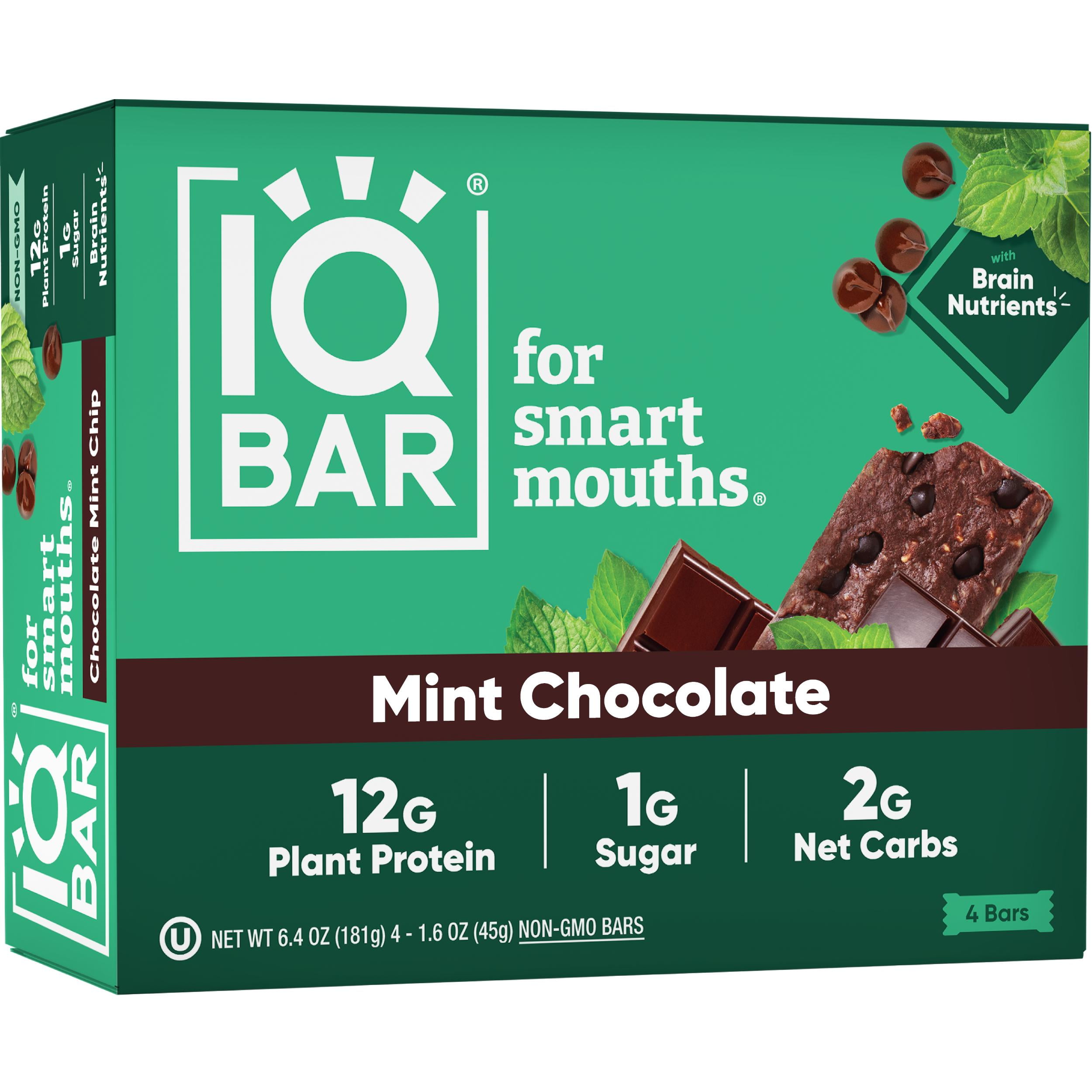 IQBAR Mint Chocolate Protein Bars - Vegan Energy Bars - High Fiber Vegan Snacks - 4 Count Box