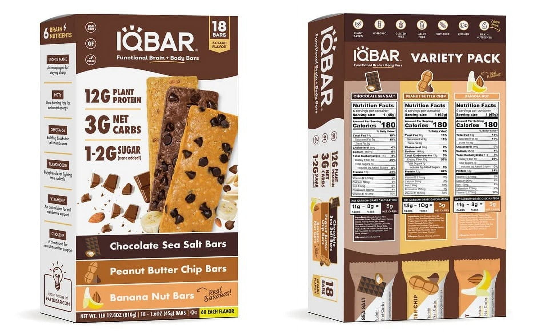 IQBAR IQ Bar Functinal Brain + Body Bars Variety, 18 count (6 x