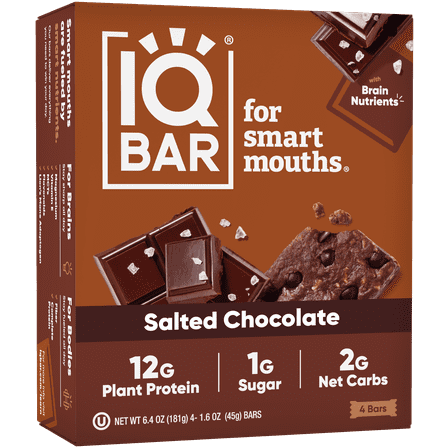 IQBAR Salted Chocolate Protein Bars - Vegan Energy Bars - High Fiber Vegan Snacks - 4 Count Box