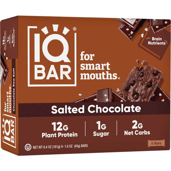 (2 pack) IQBAR Salted Chocolate Protein Bars - Vegan Energy Bars - High Fiber Vegan Snacks - 4 Count Box