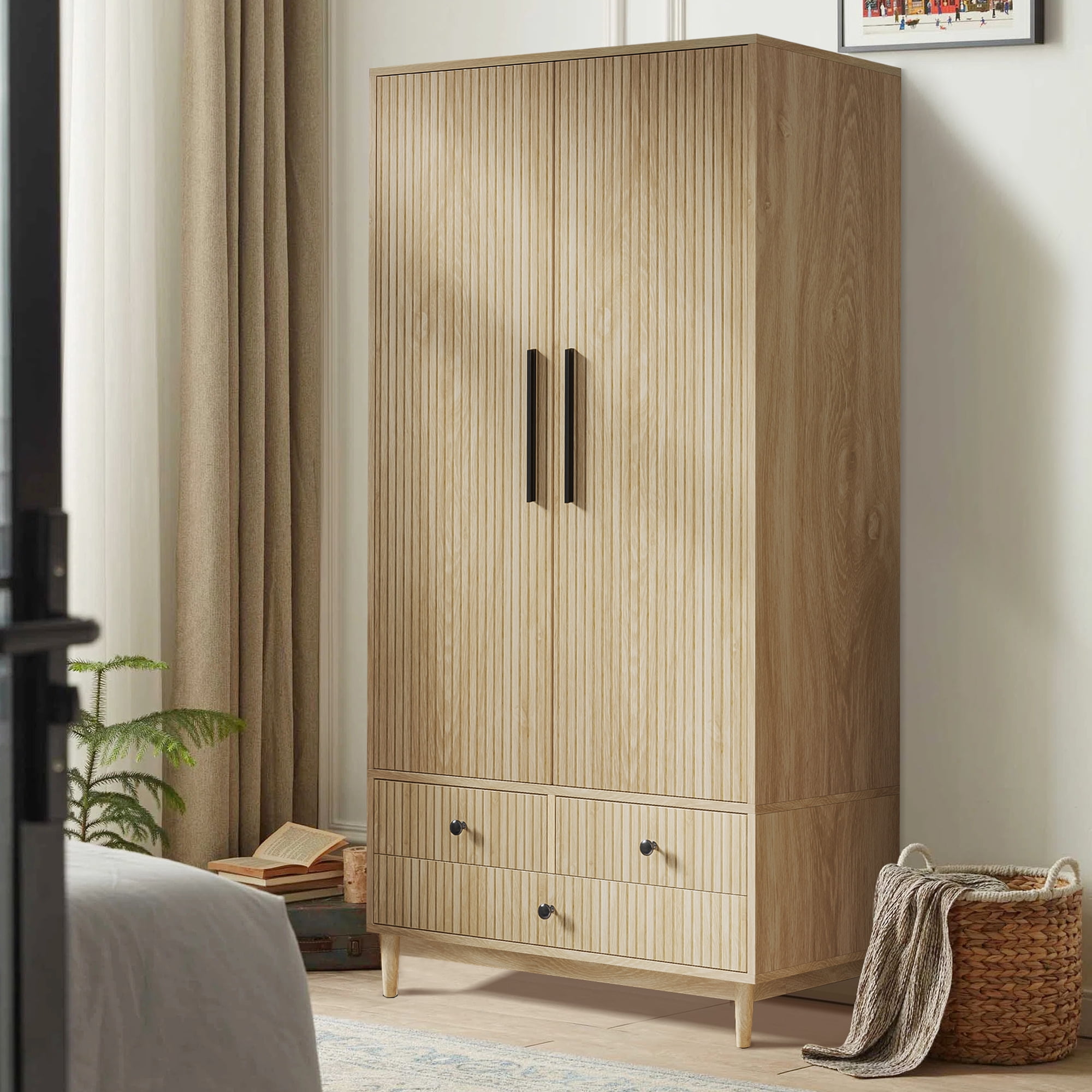 IQCNGVX Armoire Wardrobe Closet with 2 Fluted Doors, Wooden Clothes ...