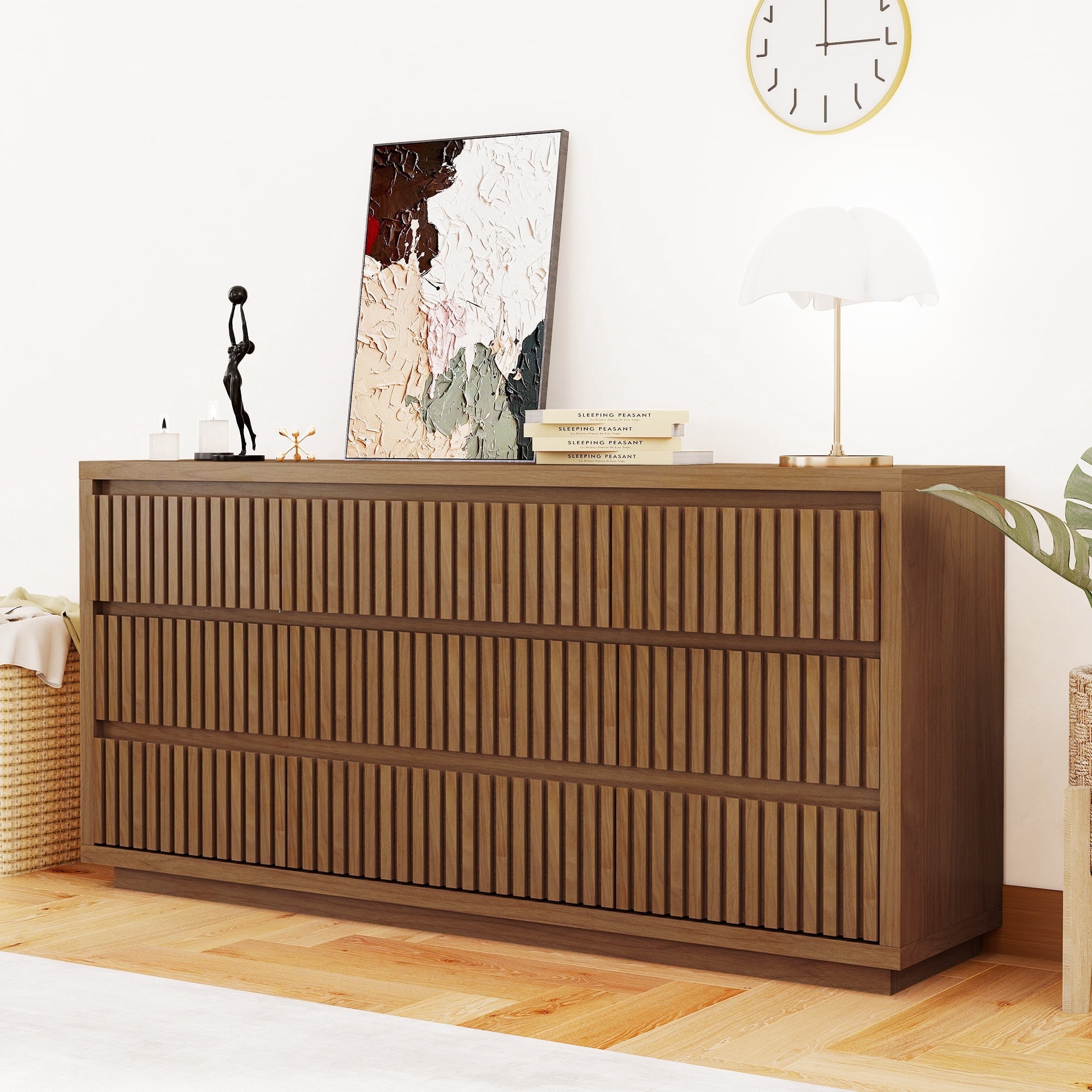 walmart mid century modern dresser JOINICE,Mid Century Modern Dresser,6 Large Wooden Drawers for  Bedrooms,Living Room,Hallway,Cherry