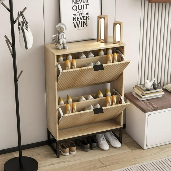 Shoe Cabinet Storage for Entryway Modern Wood Slim Shoe Organizer Tipping Shoe Cabinet with 2 Flip Drawers Fluted Panel Rack for Living Room