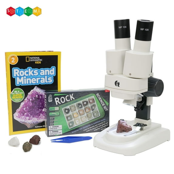 IQCREW by Amscope Kid's Look and Learn Rock and Mineral Collecting Activity Kit with Portable 20X-50X Magnification LED Dual-Illumination Stereo Microscope