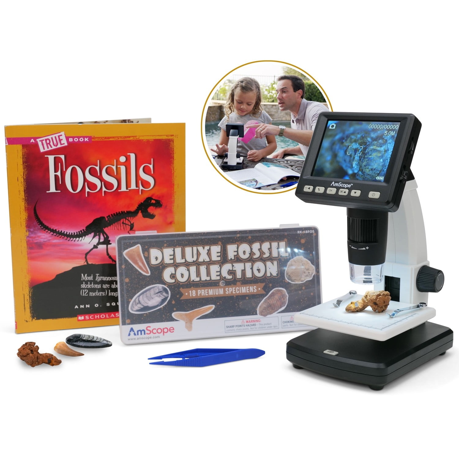 IQCREW by Amscope Kid's Premium Portable LCD Color Digital Microscope with Look-and-Learn Fossil Collecting Activity Kit