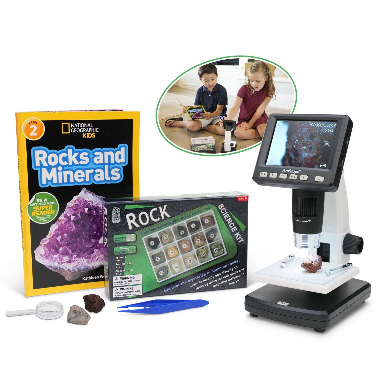 IQCREW by Amscope Kid's Premium Portable LCD Color Digital Microscope with Look and Learn Rock and Mineral Collecting Activity Kit
