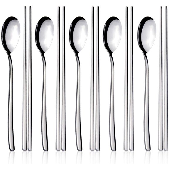 IQCWOOD Spoons and Chopsticks Set, 5 Pairs Stainless Steel Flat Chopsticks, 5 Set Korean Spoons, Metal Reusable Chop Sticks Dishwasher Safe for Home, Kitchen or Restaurant
