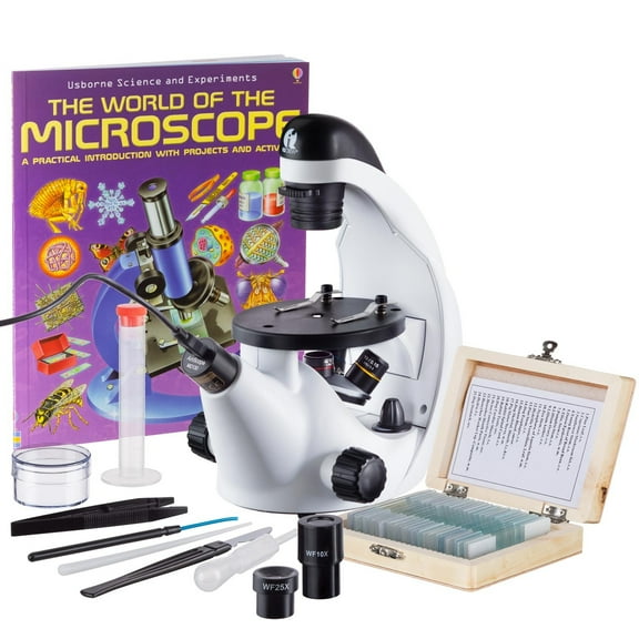 IQCrew IN50C-PS25-WM-E2 40X-500X Science Discovery Series Inverted Microscope with 2MP Digital Eyepiece, 25pc Slides and Book New