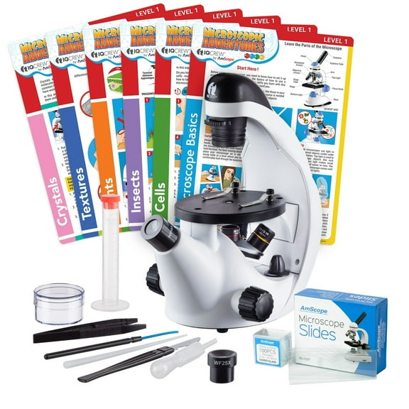 IQCrew Science Discovery Series 40X-500X Inverted Microscope with Blank Slides & Coverslips and Experiment Cards for Students and Kids