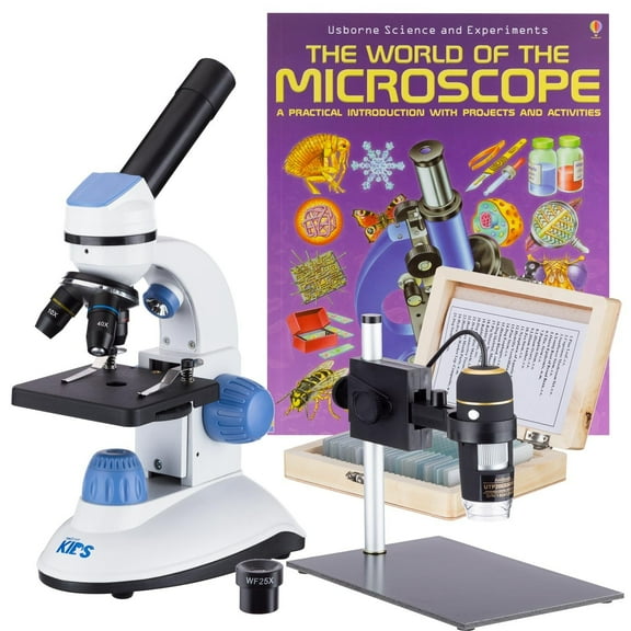 IQCrew by AmScope M50C-UTP03-PS25-WM-B 40X-1000X Dual Illumination Microscope (Blue) with Digital Microscope, 25pc Slide Kit and Book